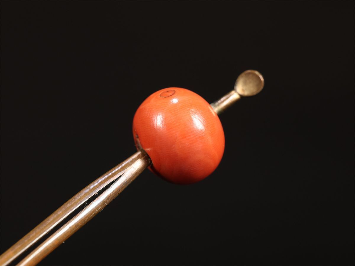 江戸時代 【本珊・瑚製】 簪 かんざし 玉径14.5㎝ 重8.9g／本物保証
