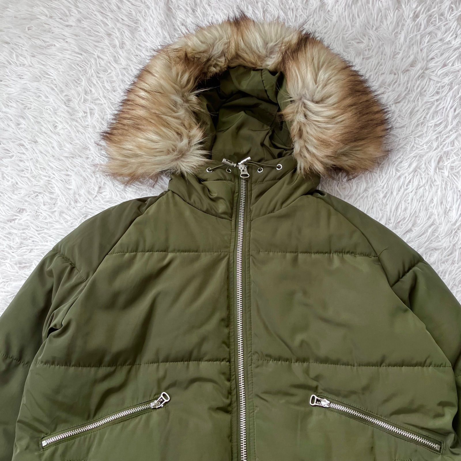 美品 ZARA 中綿ジャケット ダウンコート アウター カーキ ザラ ファー 