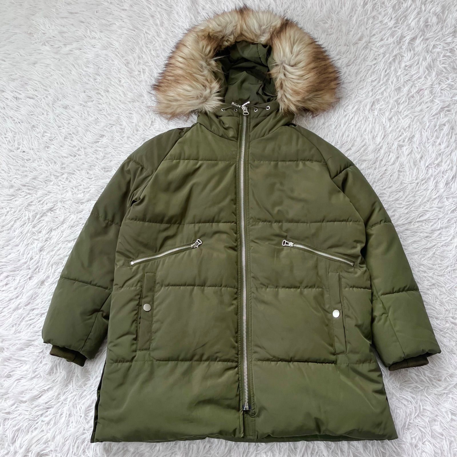 美品 ZARA 中綿ジャケット ダウンコート アウター カーキ ザラ ファー 