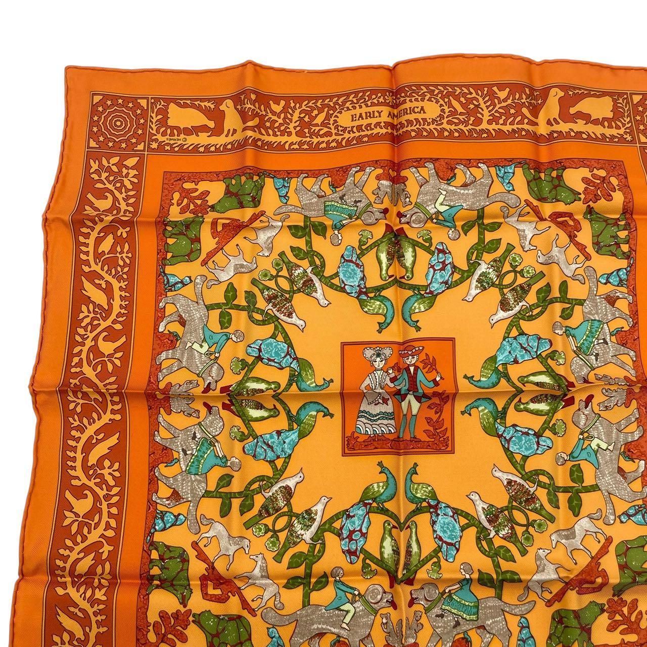 お値下げ　新品未使用 エルメス スカーフ シルク 箱 88×88 動物 実 花 未使用品 HERMES エルメス スカーフ シルク EARLY AMERICA 古き良き