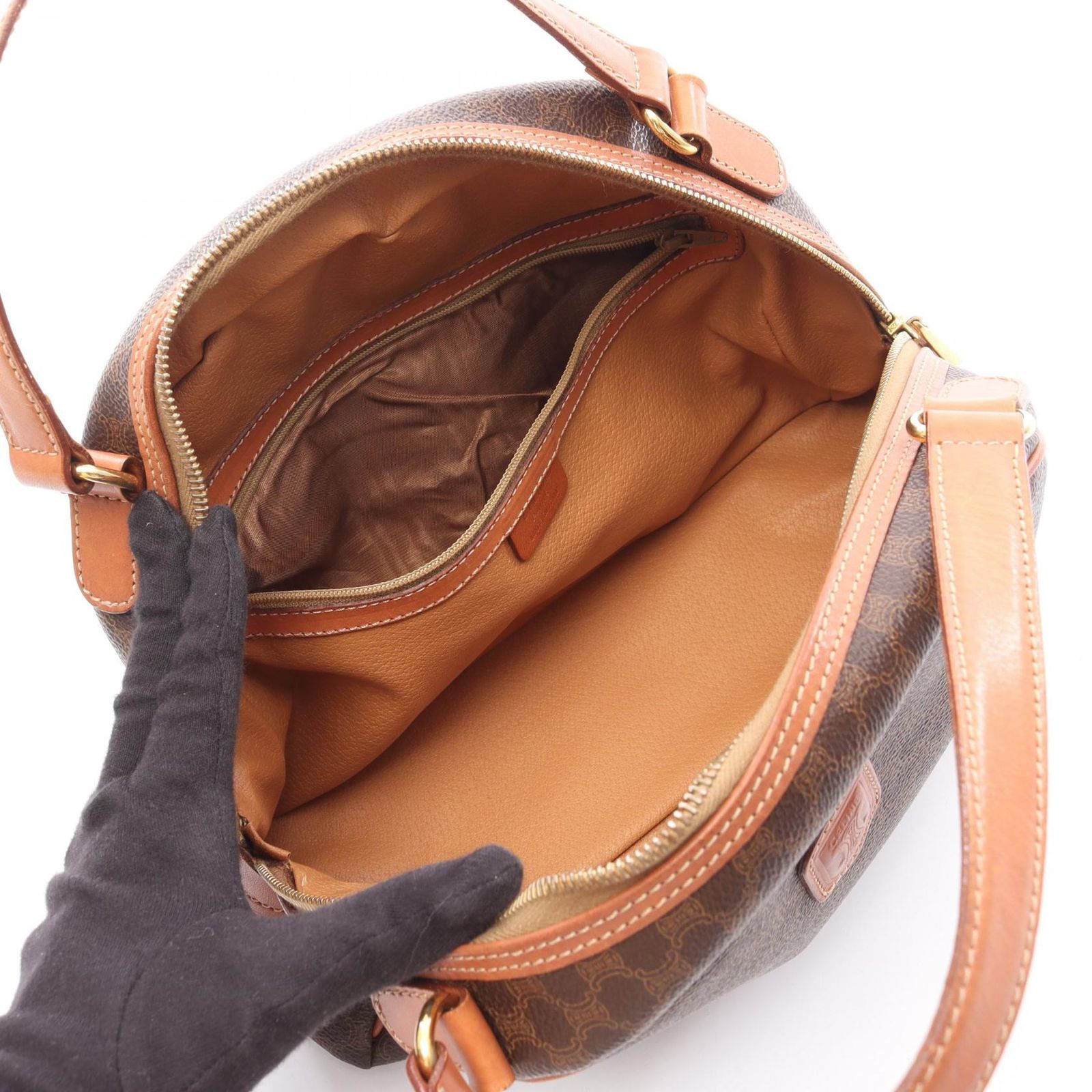 CELINE ハンドバッグ マカダム柄 PVC レザー キャンバス ブラウン セリーヌ ハンドバッグ トートバッグ トップハンドル マカダム PVC