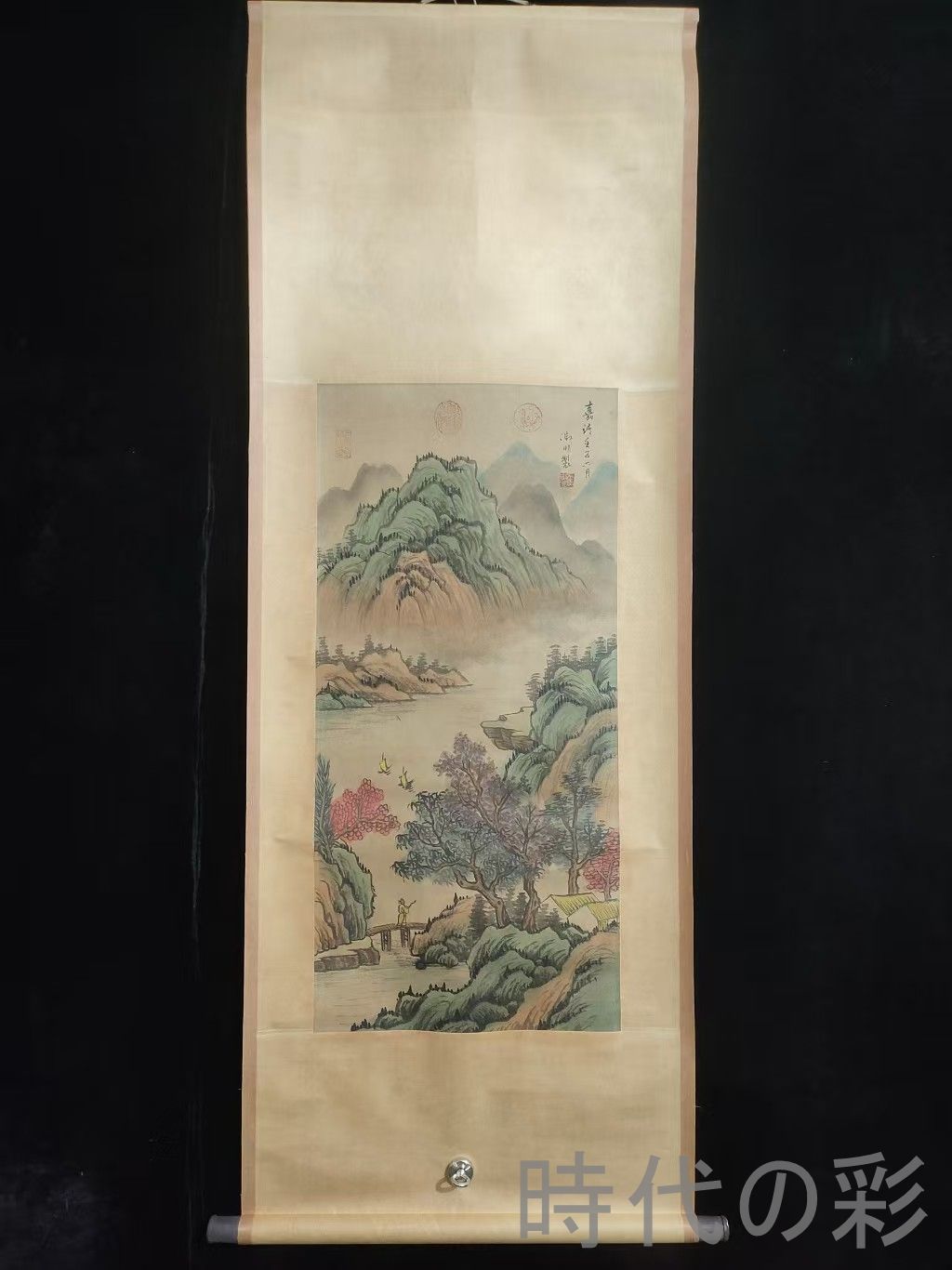 中国古美術.明時代.文徴明款.山水図.宣紙画.三尺手描き.肉筆.掛け軸