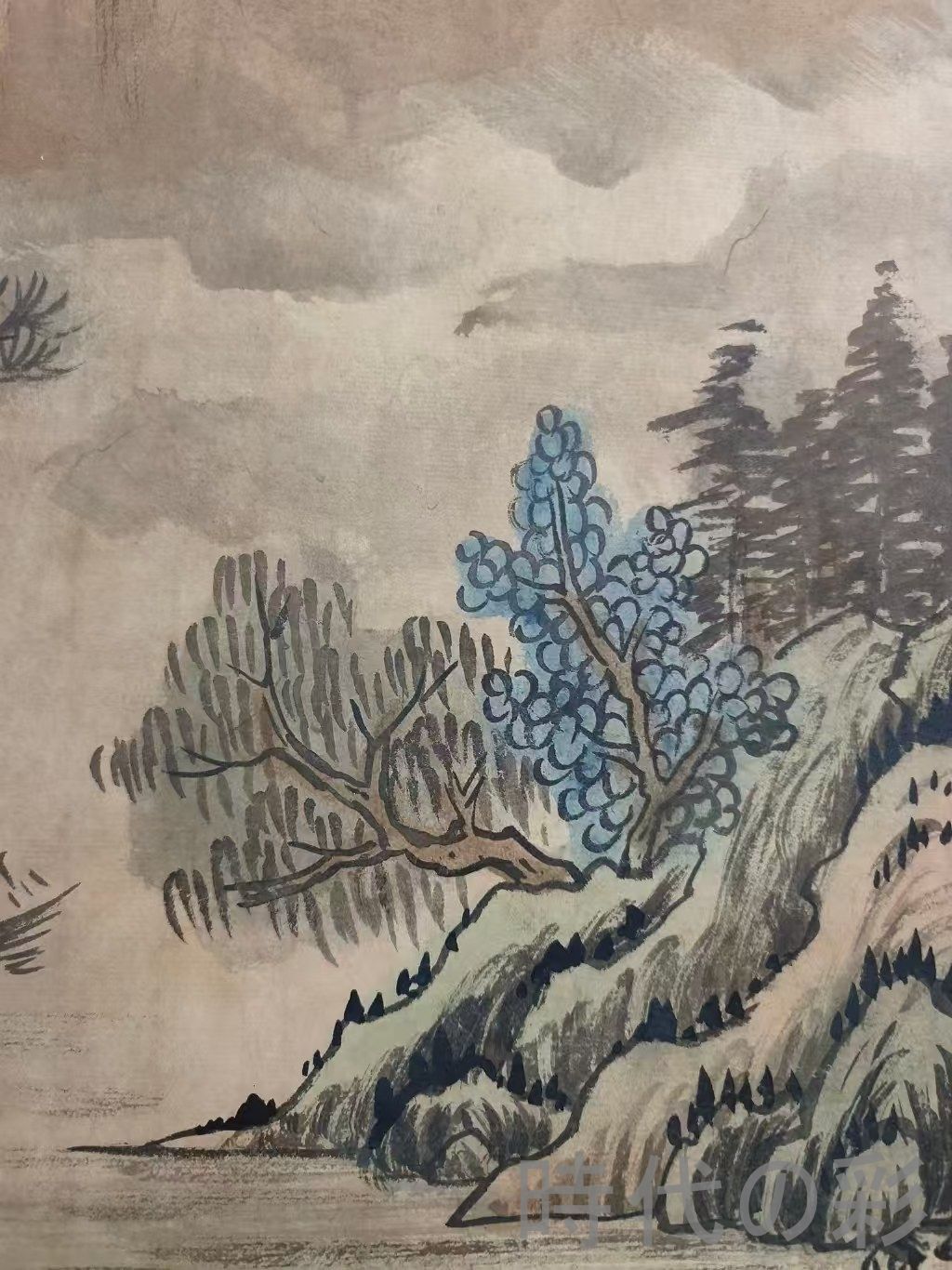 中国古美術.明時代.文徴明款.山水図.宣紙.三尺.肉筆.掛け軸.在銘.文房置物 中国古美術.明時代.文徴明款.山水図.宣紙.三尺.肉筆.掛け軸.在銘.文房