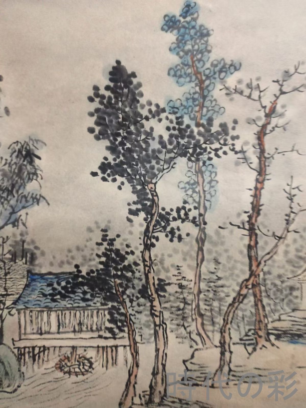 中国古美術.清時代.王原祁款.山水図.宣紙画.三尺手描き.肉筆.掛け軸