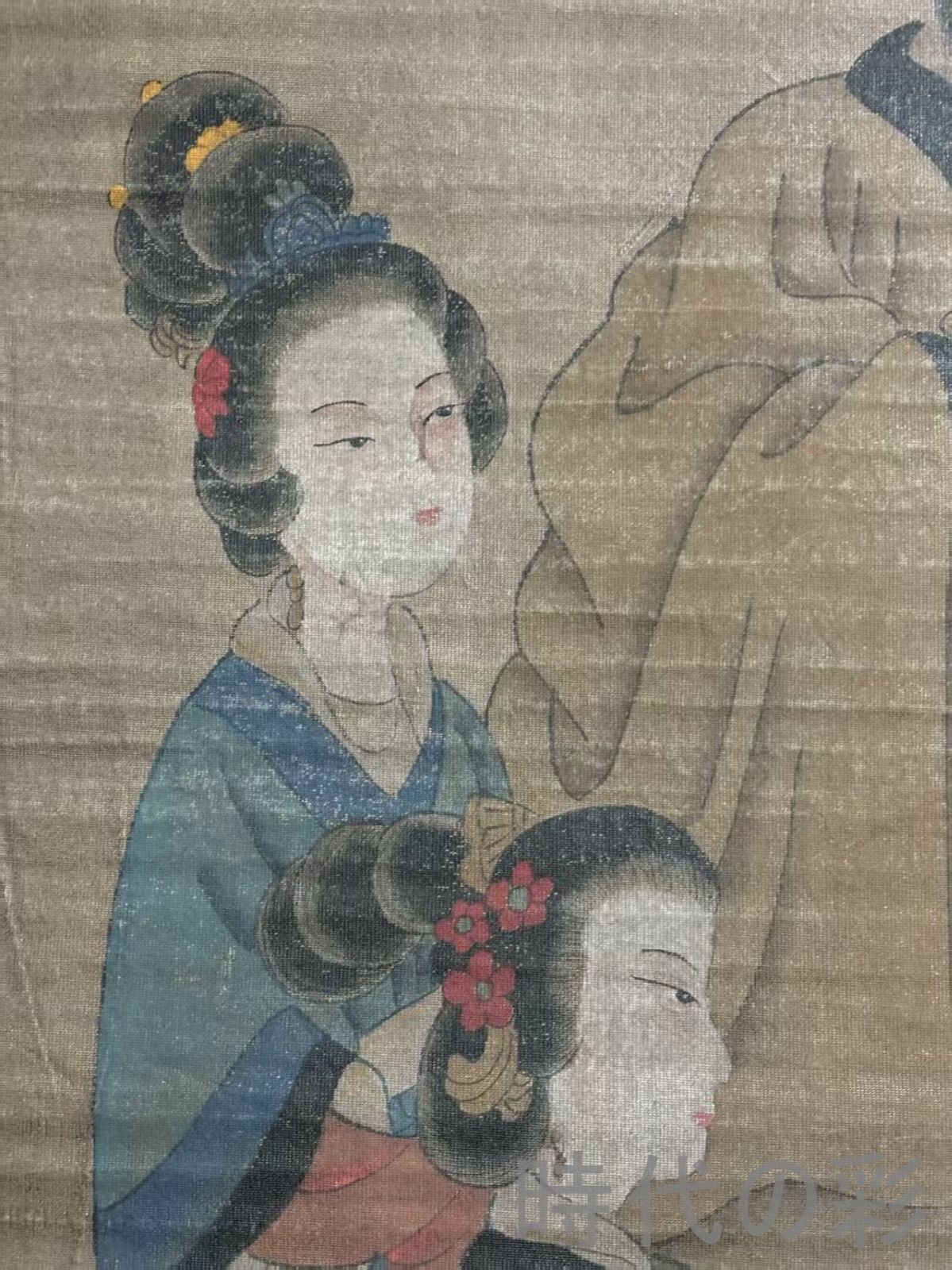 中国古美術.明時代.沈周款.人物図.絹布画.三尺手描き.肉筆.掛け軸.絵画