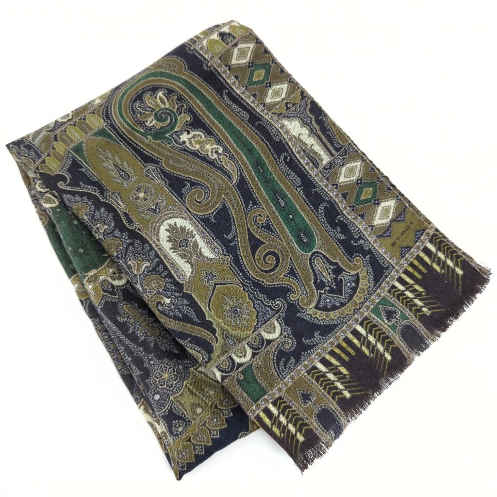 S エトロ ETRO ペイズリー柄 ストール ウール シルク 美品 緑 紺