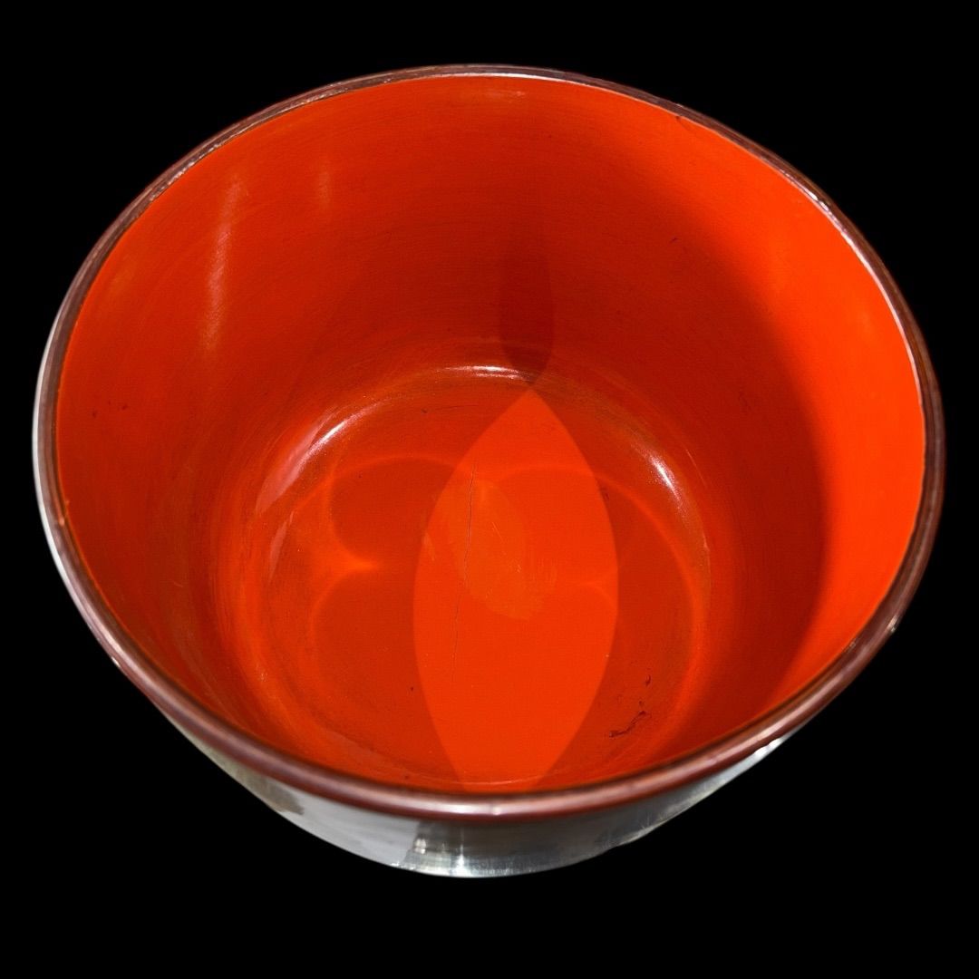 レッドウェア　アメリカ　陶器　骨董　アンティーク 漆器 蓋椀 朱塗り 沈金入り 大正昭和初期 直径11.5cm