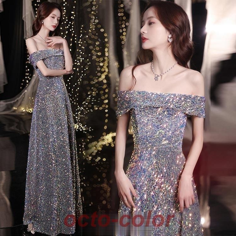 新品?未使用】 イブニングドレス スパンコール フレア 半袖 オフ