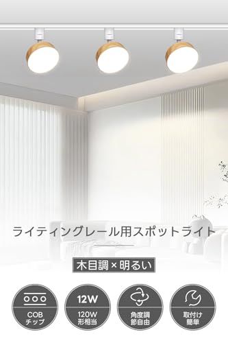 SPAHER ダクトレール用スポットライト 照明 LED 120 W相当 取付け簡単 角度調節 電球付き 照明器具 植物育成ライト 明るい おしゃれ 天井 玄関 インテリア 12 W 木目調 昼光色 セット e 1 b 72 a 8
