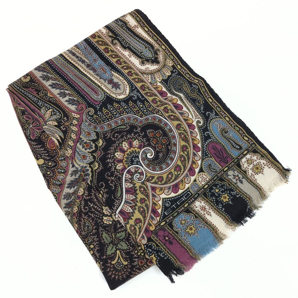 U エトロ ETRO ストール マフラー ペイズリー カシミヤ シルク 美品 黒
