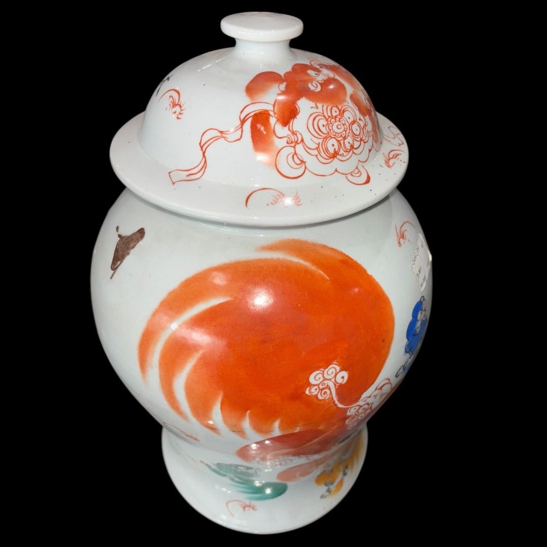 某有名資産家購入品 中国美術 獅子模様 民国 壺 中国雑貨 赤絵 蓋つき