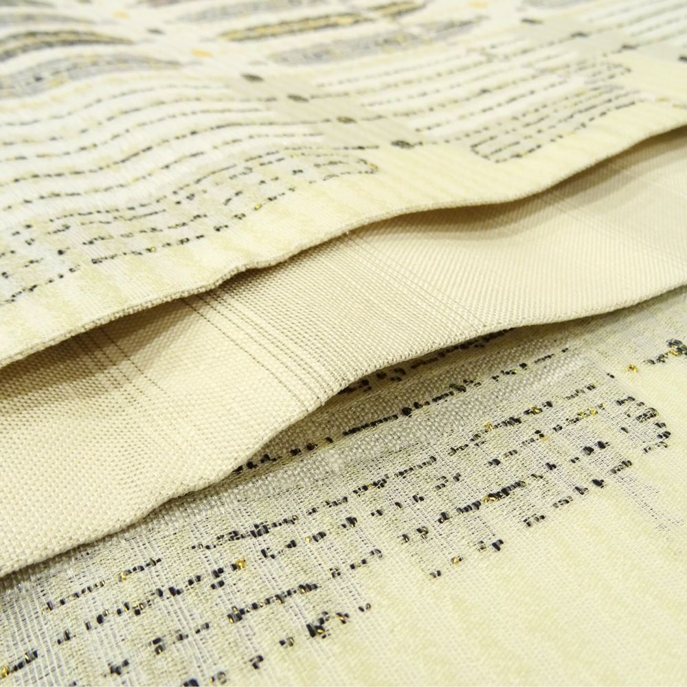 洒落袋帯 正絹 リユース 中古 紬地 アイボリー モダン 抽象模様 六通柄