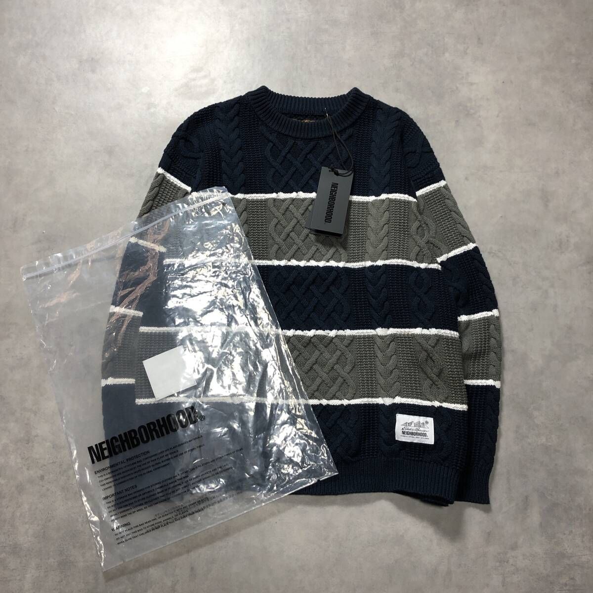 GQ4591◇NEIGHBORHOOD / L.L.Bean : 25aw BORDER CABLE KNIT◇M◇NAVY