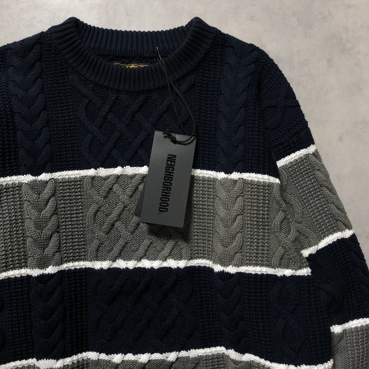 GQ4591◇NEIGHBORHOOD / L.L.Bean : 25aw BORDER CABLE KNIT◇M◇NAVY
