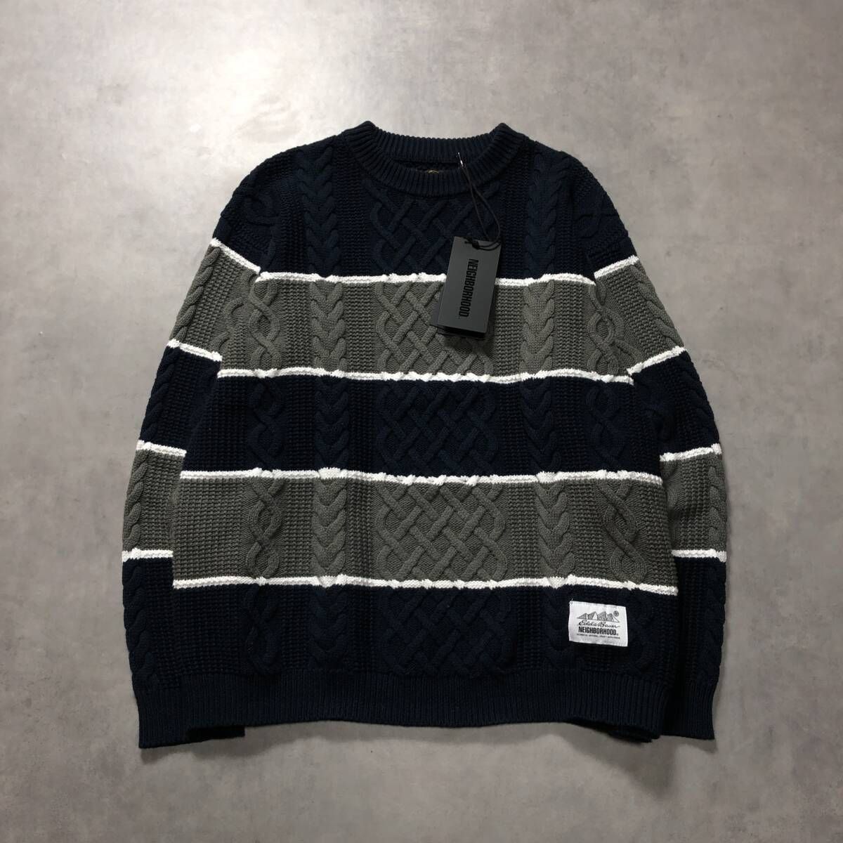 GQ4591◇NEIGHBORHOOD / L.L.Bean : 25aw BORDER CABLE KNIT◇M◇NAVY 