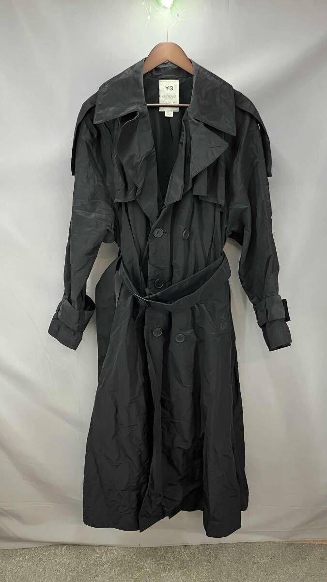 Y-3 ブラック トレンチコート ストライプ ☆ Y-3 ワイスリー W CLASSIC NYLON LONG TRENCH COAT トレンチコート