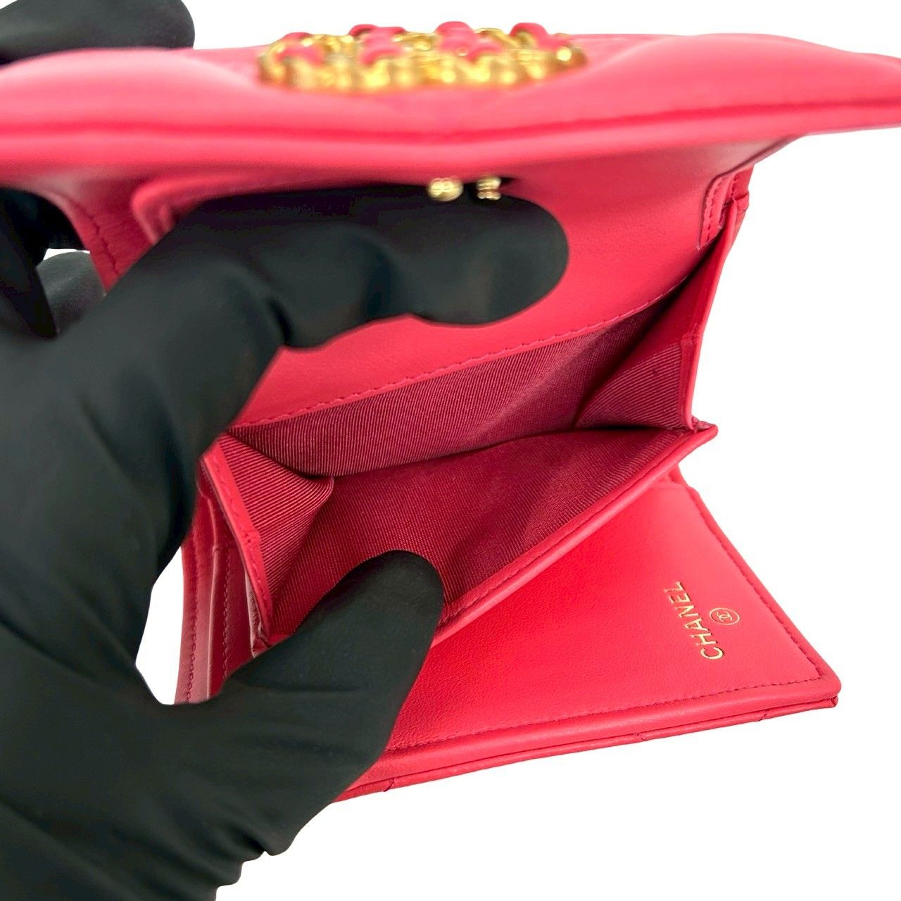 未使用保管品 保存箱 保存袋付き カード シール有 30番台 シャネル ココマーク レザー 本革 三つ折り 財布 ミニ  ウォレット ピンク 23234 未使用保管品 保存箱 保存袋付き カード シール有 30番台 シャネル