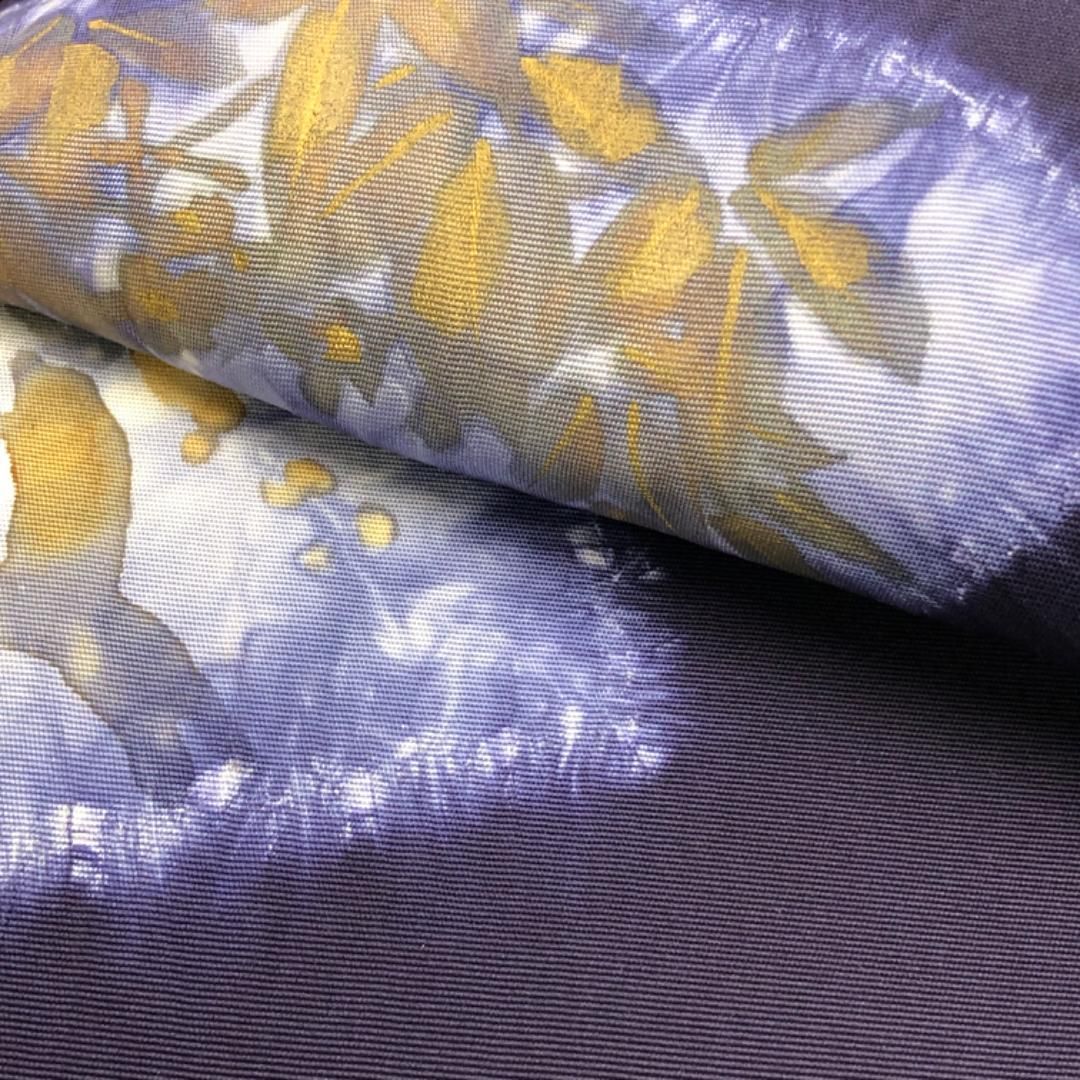 オフ色に辛子色の筆手描きにエンジ色の手刺繍がお洒落な塩瀬名古屋帯 オフ色に辛子色の筆手描きにエンジ色の手刺繍がお洒落な塩瀬名古屋帯