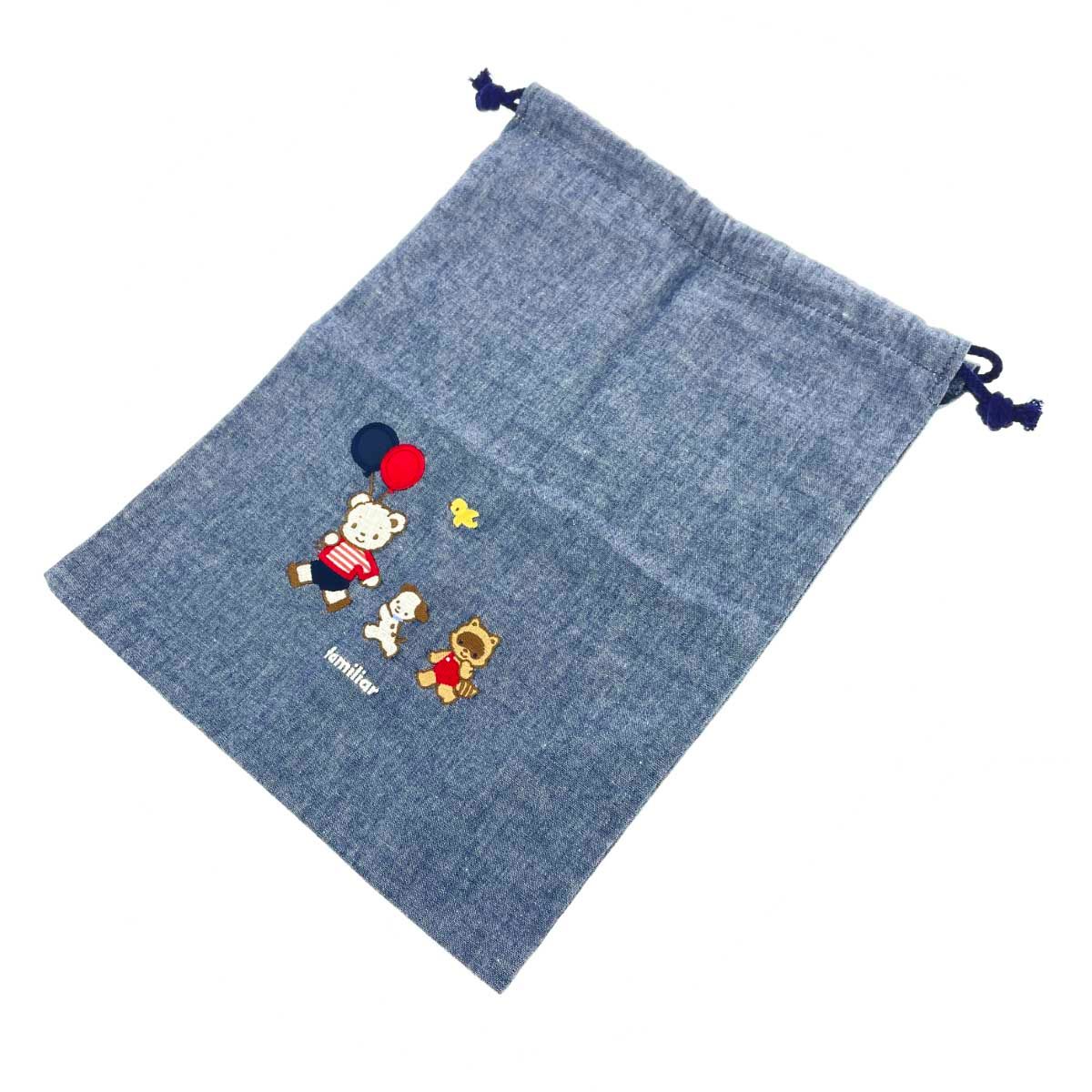 familiar 刺繍ポーチ ネイビー FAMILIAR ファミリア 巾着ポーチ ファミちゃん/刺繍/コットン ネイビー