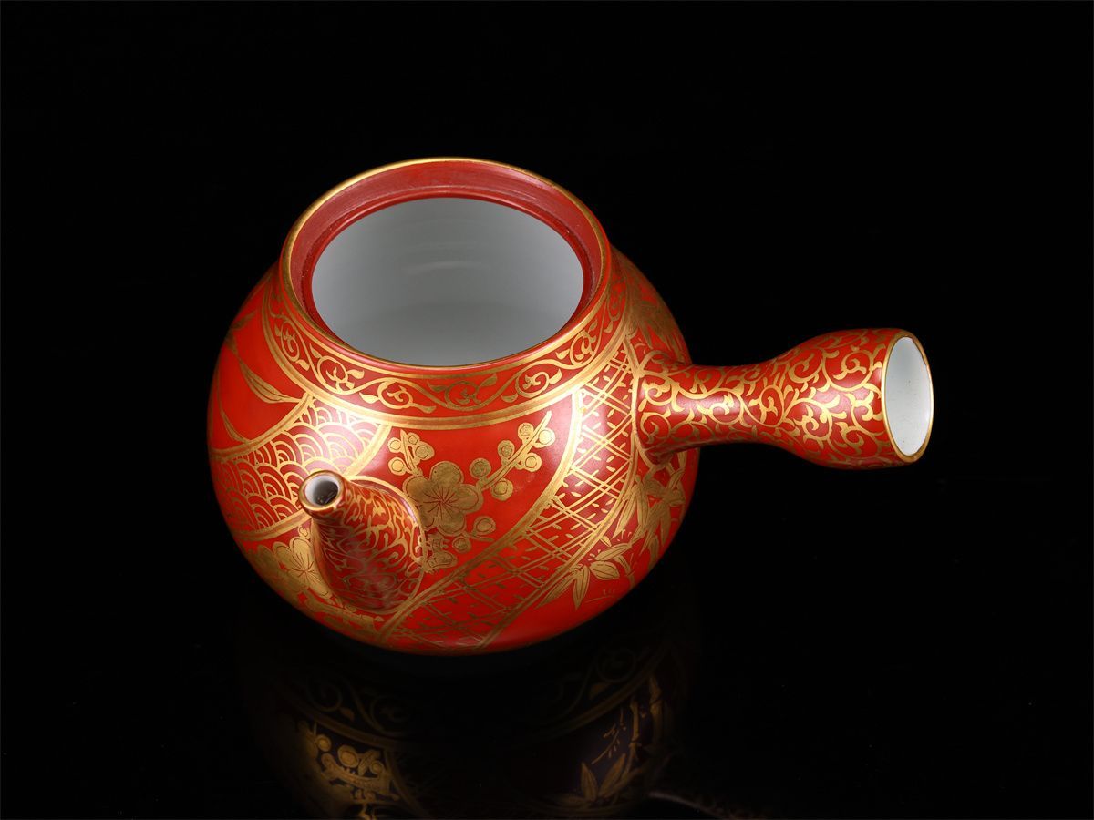 京焼名工 黄檗 【高野清鳳】造 金襴手四君子 急須／共箱付 本物保証 未