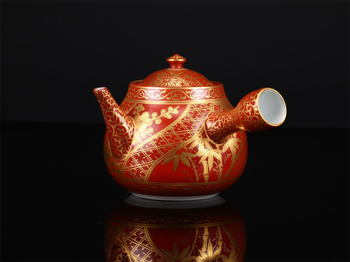 京焼名工 黄檗 【高野清鳳】造 金襴手四君子 急須／共箱付 本物保証 未