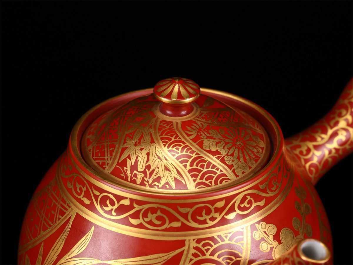 京焼名工 黄檗 【高野清鳳】造 金襴手四君子 急須／共箱付 本物保証 未