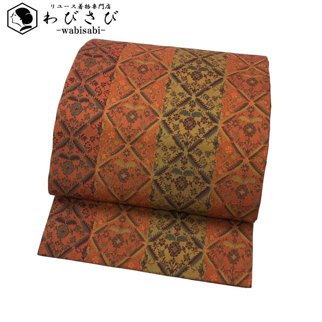 名古屋帯 縦縞 花柄模様 橙色 O-5935 - メルカリ