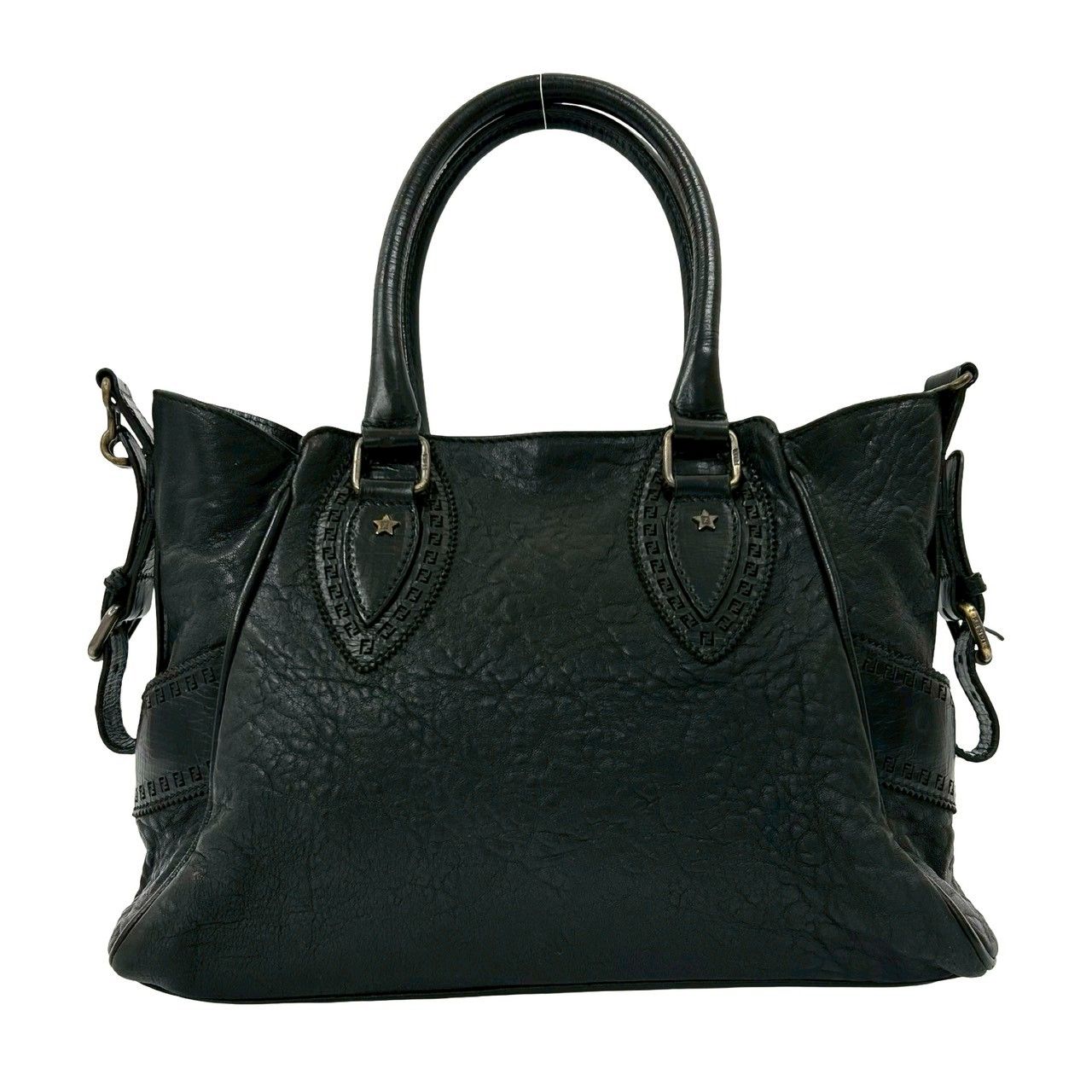 美品■フェンディ ミニボストン FF ズッカ サークルロゴ レザー ブラック FENDI フェンディ ロゴ入り ミニボストンバッグ ブラウン ズッカ FENDI