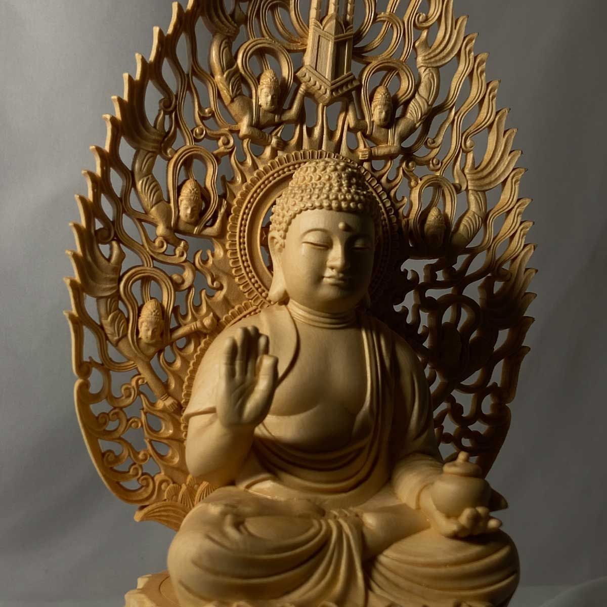 桧木彫刻 薬師瑠璃光如来 薬師如来 仏像 28 cm 病気平癒 健康長寿 厄除け本尊