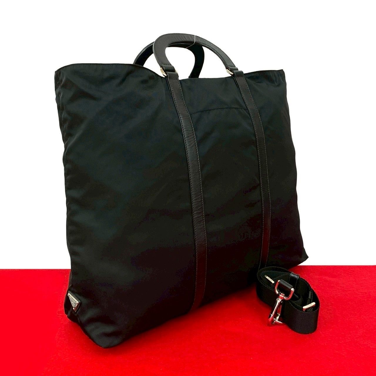 極 美品 PRADA プラダ 三角ロゴ プレート 金具 ナイロン サフィアーノ