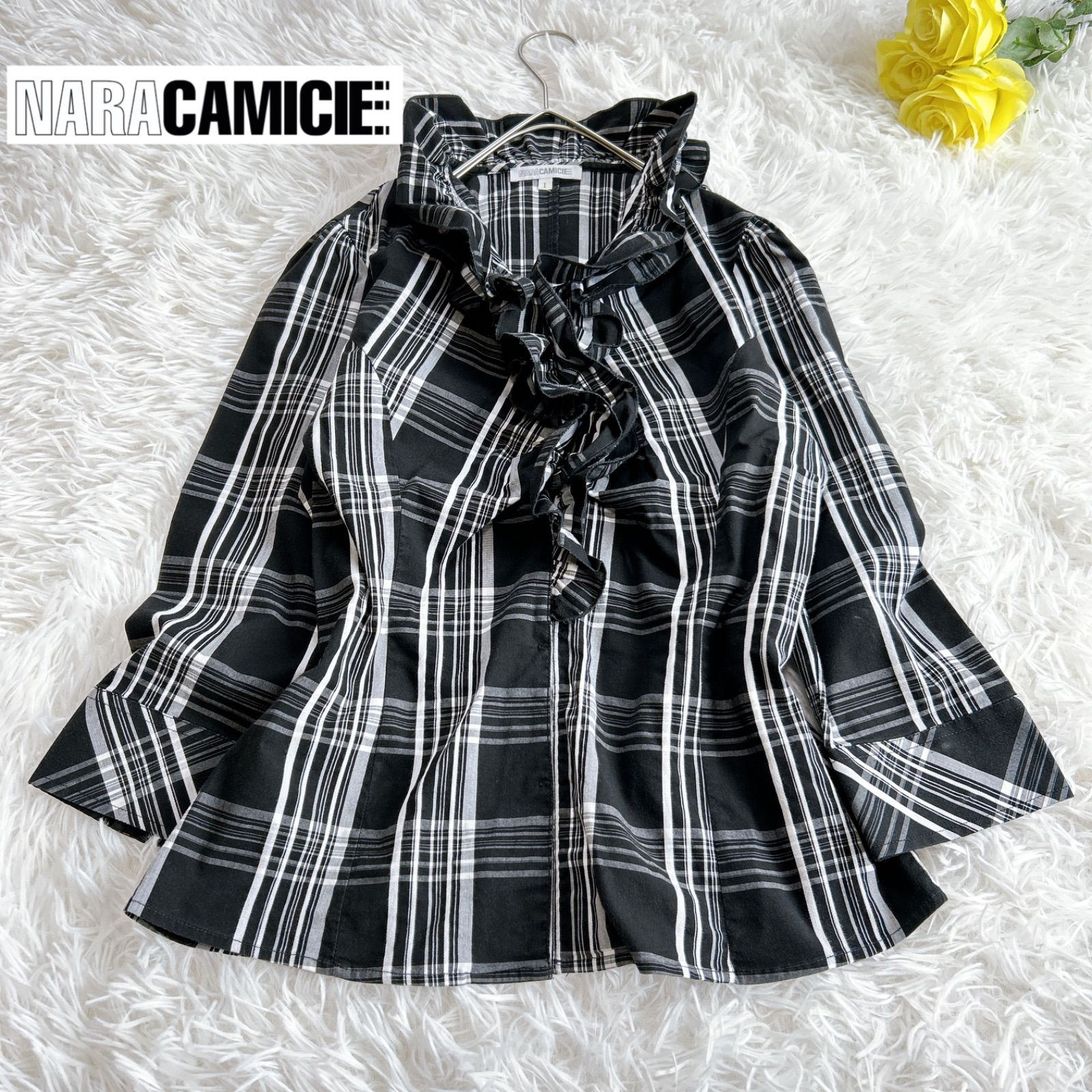 NARACAMICIE/ナラカミーチェ】チェック柄フリルシャツブラウス 七分袖 