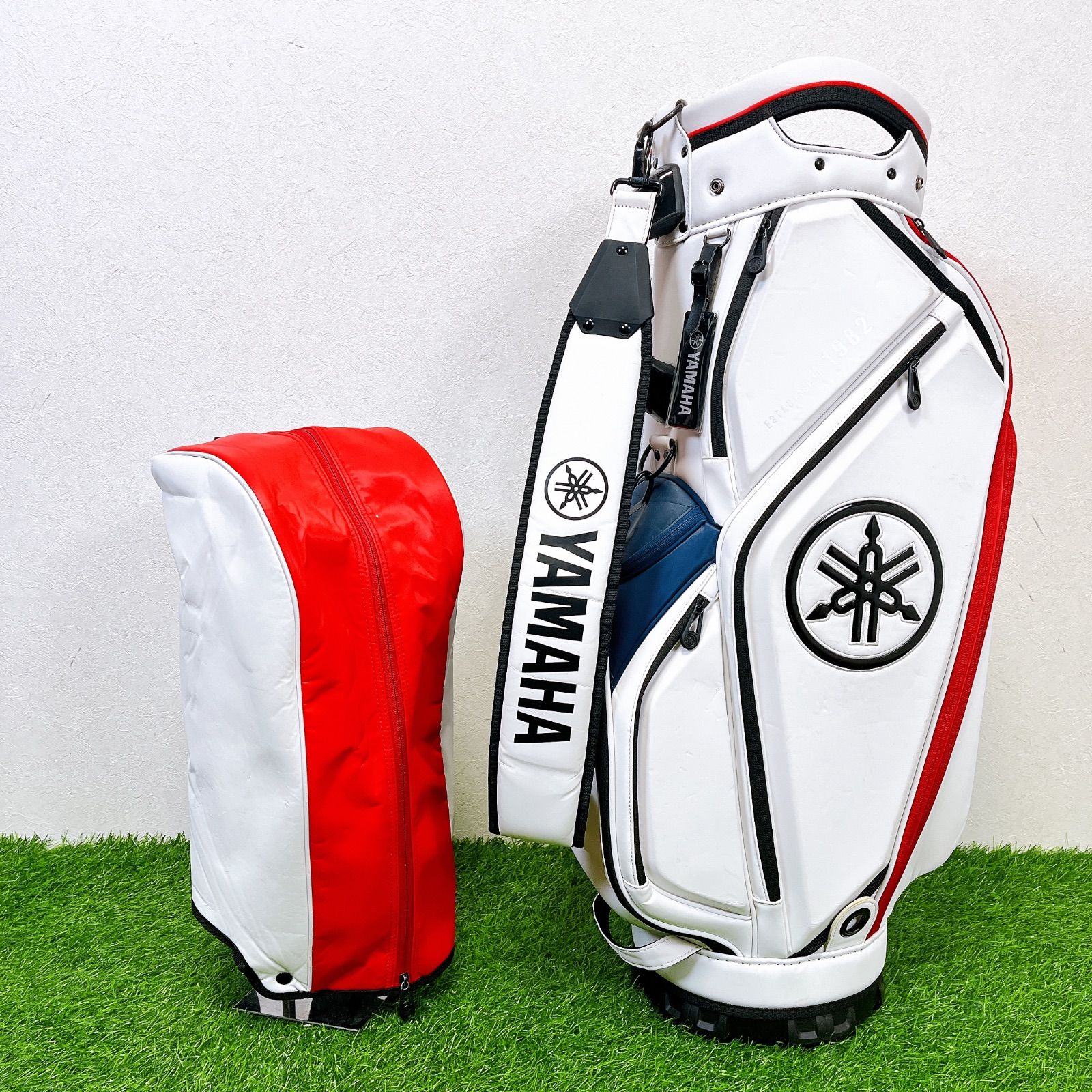 YAMAHA ヤマハ キャディバッグ 白×赤 フードカバー付 ツアー系デザイン
