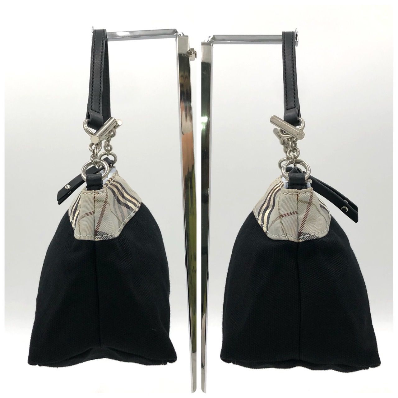 美品 バーバリー アクセサリーポーチ ノバチェック ロゴプレート レザー 黒 極美品】バーバリー アクセサリーポーチ ワンショルダー ノバチェック