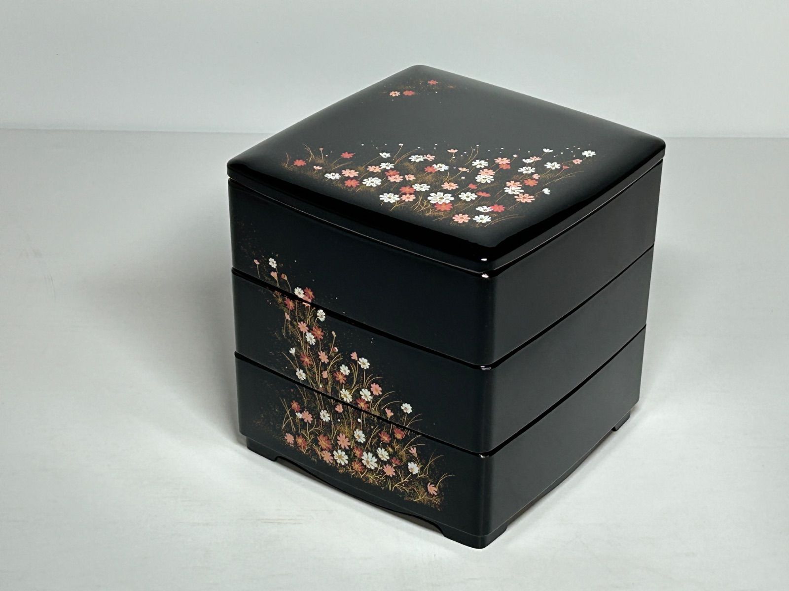 会津塗 漆器 ミニ重箱 3段 コスモス 花柄 うるし塗【未使用