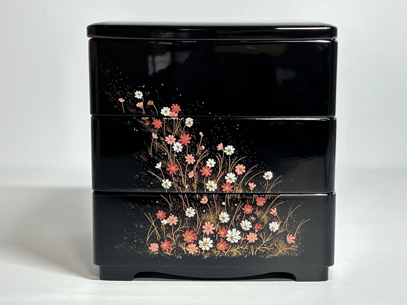 会津塗 漆器 ミニ重箱 3段 コスモス 花柄 うるし塗【未使用