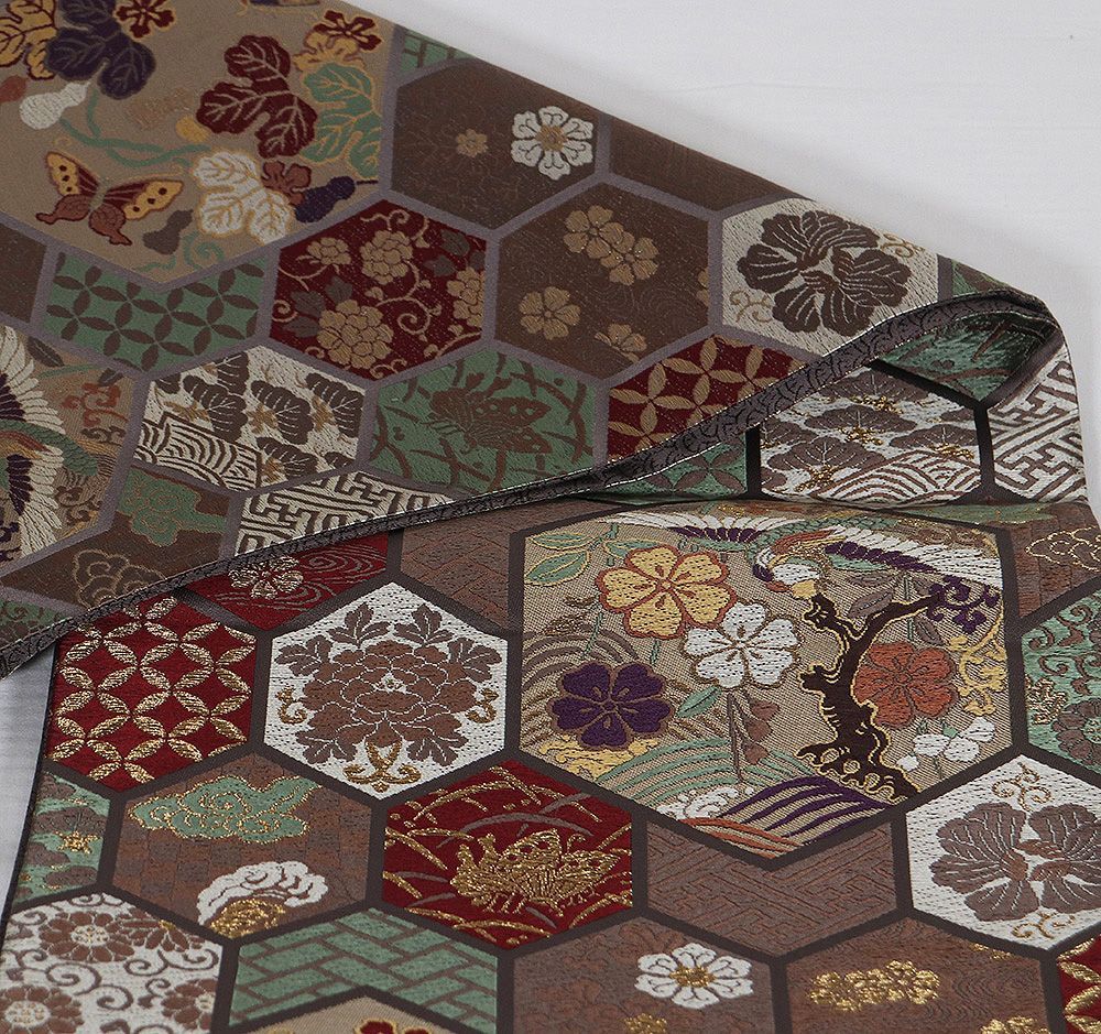 鹿子井山田 西陣織袋帯 正絹 織金九蔵文様 グレー紫 亀甲文 瓢箪 菊菱