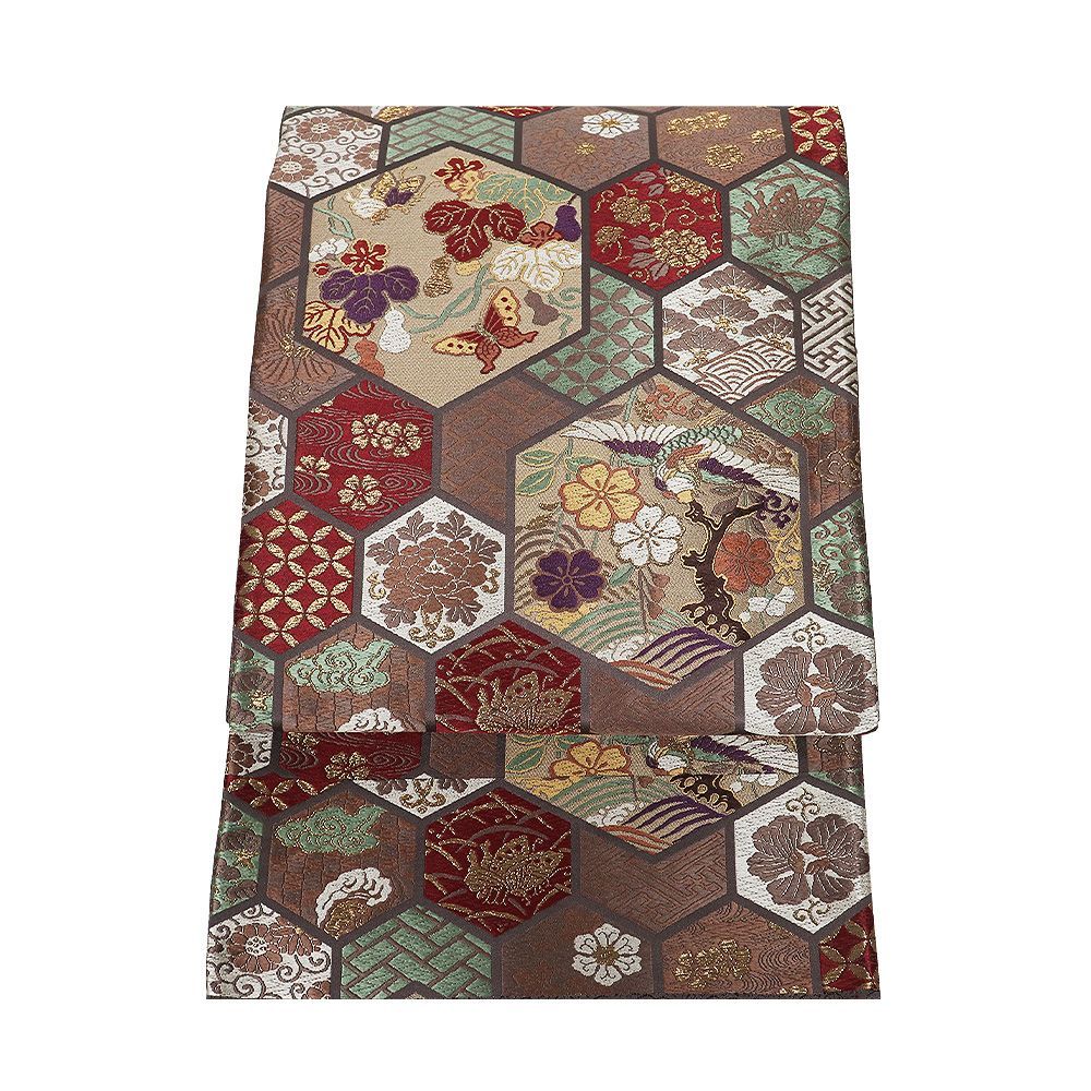 鹿子井山田 西陣織袋帯 正絹 織金九蔵文様 グレー紫 亀甲文 瓢箪 菊菱