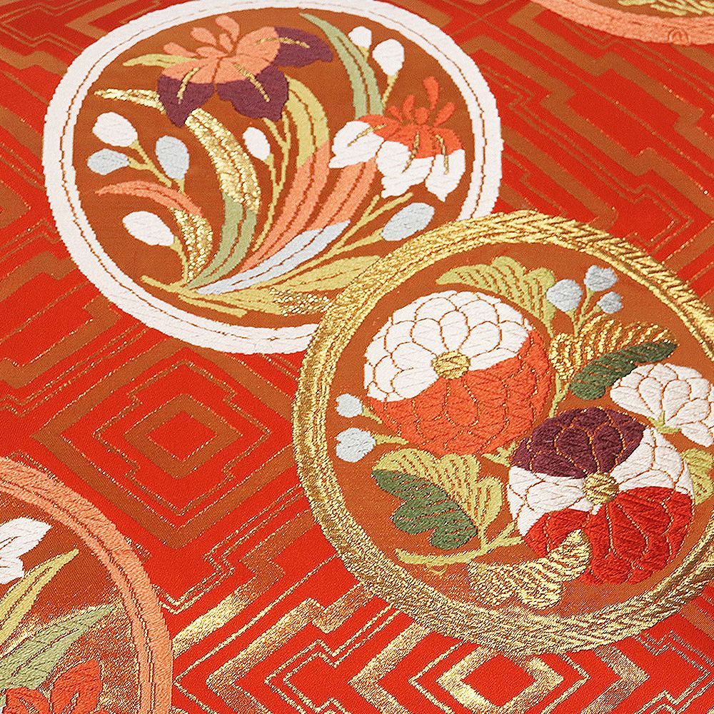 Y4862 河合美術織物　オレンジ　袋帯 正絹 六通　振袖　丸紋　花紋 Y4862 河合美術織物 オレンジ 袋帯 正絹 六通 振袖 丸紋 花紋 オレンジ