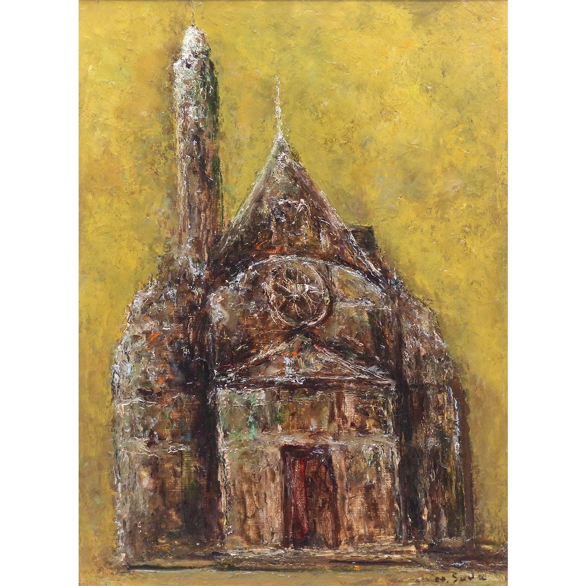 須田寿 サン・テチエンヌ デュ モン 佛 油彩8号 風景画 共シール 教会