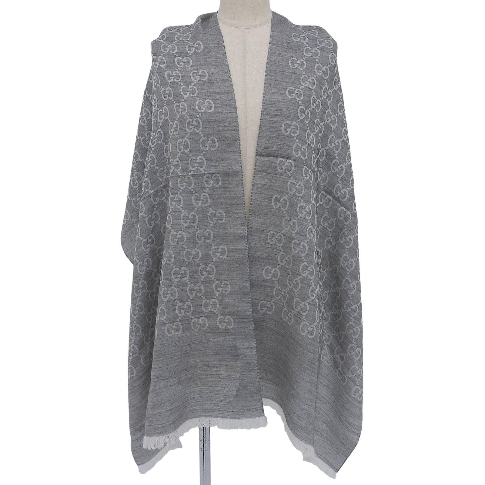 極美品△GUCCI グッチ ウール シルク混 GG柄 フリンジ付き ストール