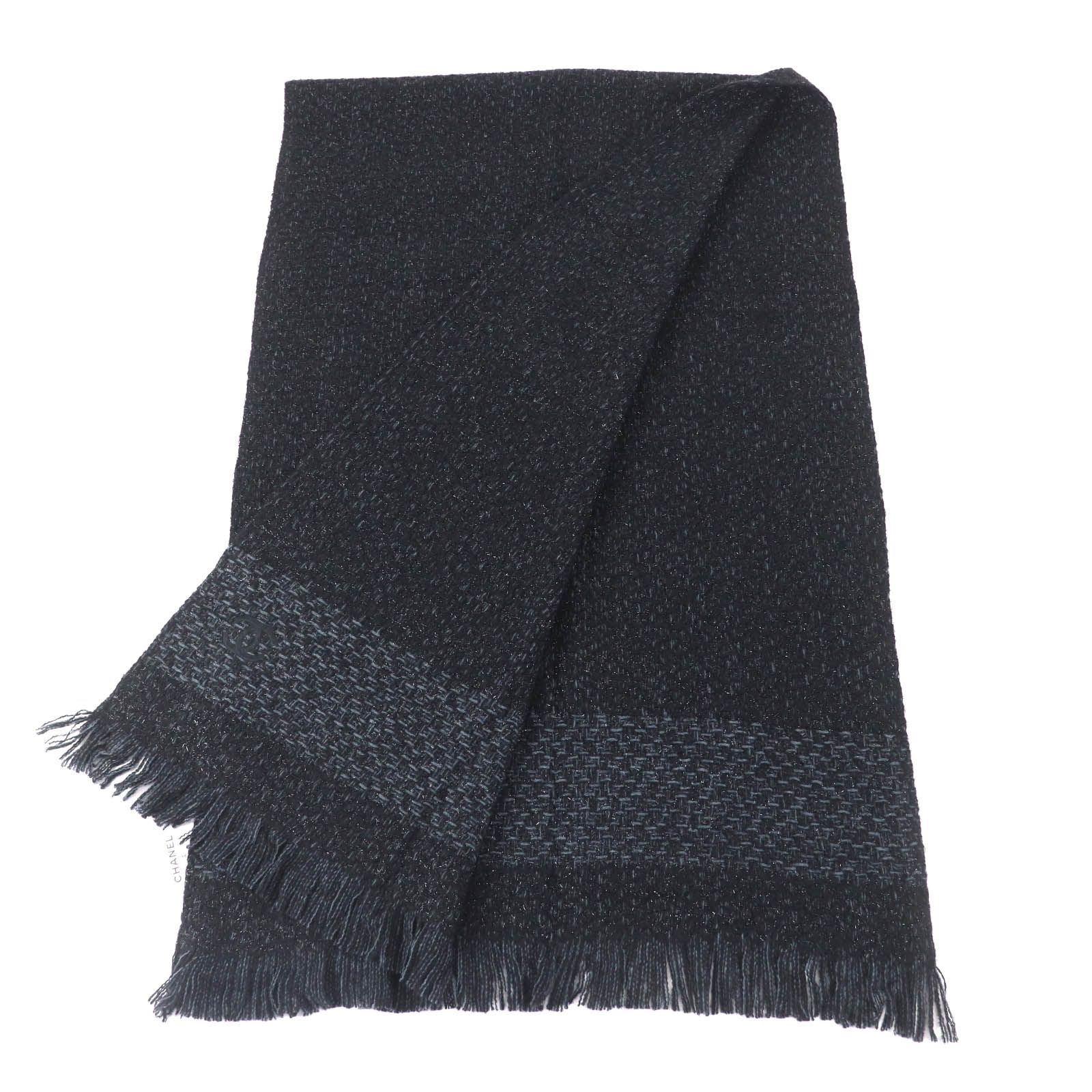 シャネル カシミヤ×シルク 大判 ストール ショール ブラック フランス製 極美品☆CHANEL シャネル カシミヤ混 ココマーク刺繍入り ラメ