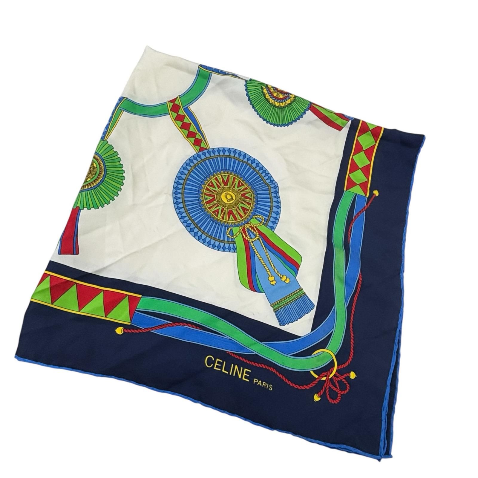 専用「未使用」CELINE セリーヌ　上品　マルチカラー　大判スカーフ CELINE - セリーヌ 大判スカーフ ストール 絹 シルク ロゴ 総柄 マルチ