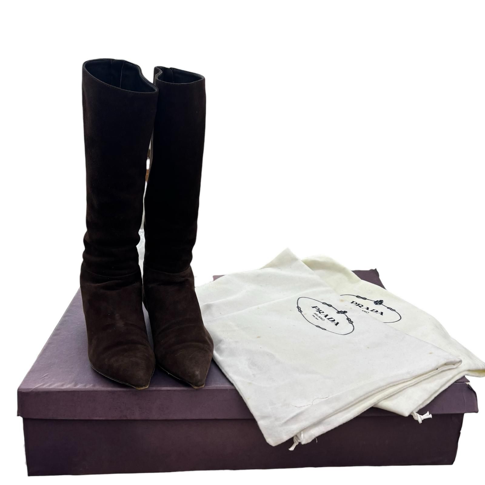 186005 PRADA プラダ ロングブーツ ブラウン スウェード レディース