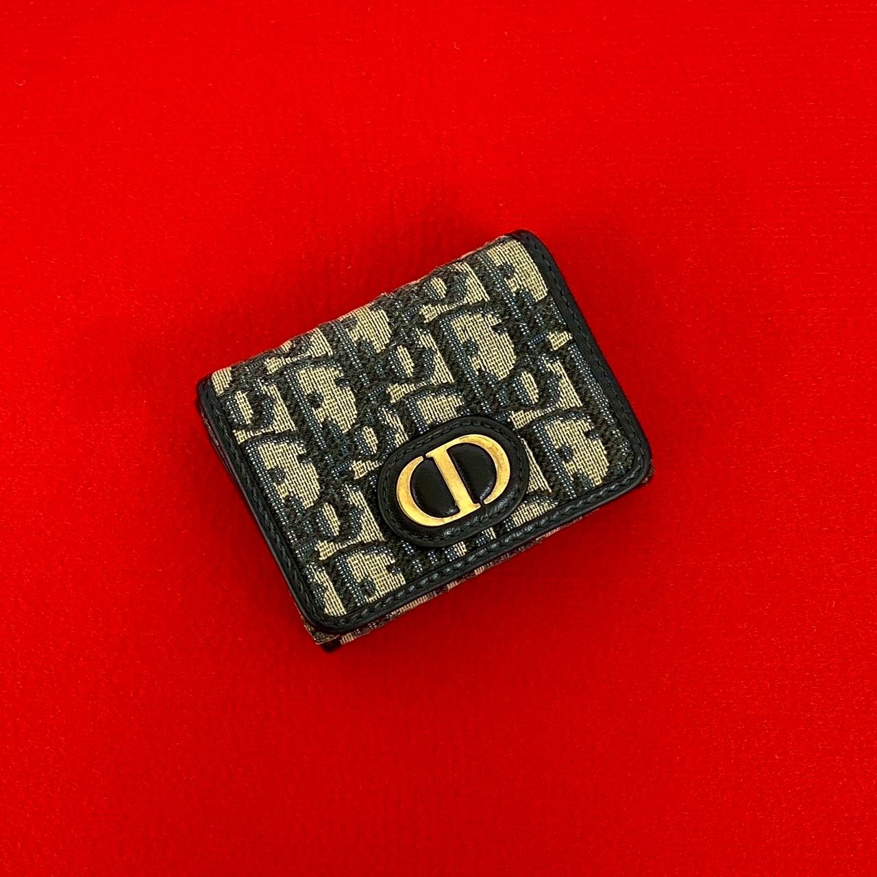 極 美品 Christian Dior ディオール トロッター 柄 CD ロゴ キャンバス レザー 本革 三つ折り 財布 ミニ ウォレット ネイビー 28733