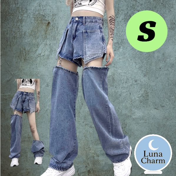 デニム パンツ 2way ショートパンツ ガーターベルト 韓国 ハイウエスト