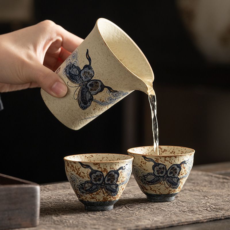 新品未使用】青花火石紅工夫茶器セット家庭用陶磁器三才蓋碗茶杯中国式