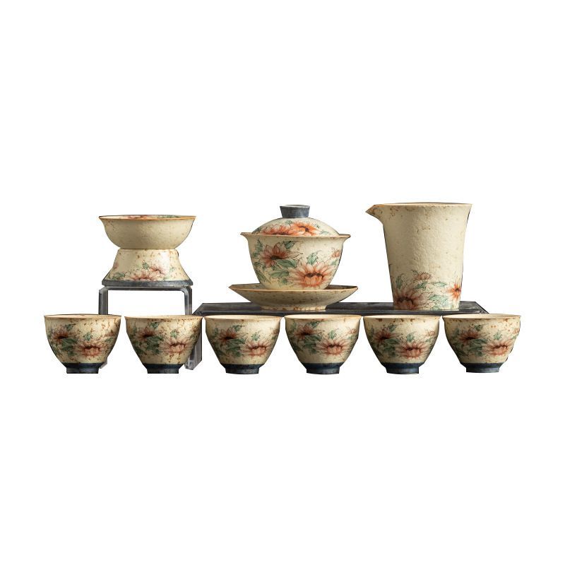 新品未使用】青花火石赤釉上彩工夫茶器セット陶磁器提梁壺カップ家庭用