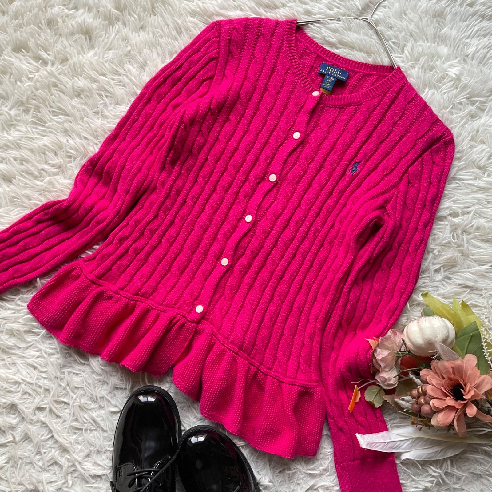 POLO RALPH LAUREN ペプラムケーブルニットカーディガン ホース刺繍