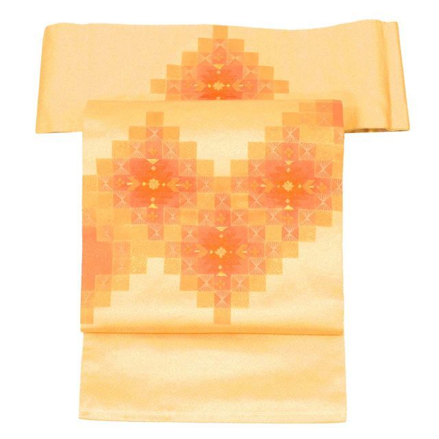 リサイクル名古屋帯 正絹 美品 九寸帯 相良刺繍 引箔 金 格子 菱 良品