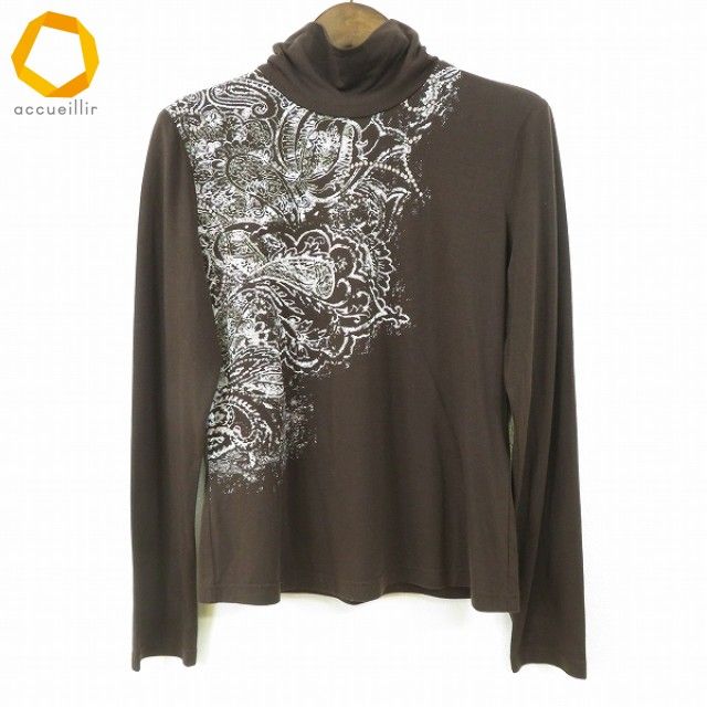 a レリアン Leilian カットソー 9 茶系 ペイズリー柄 ハイネック 長袖